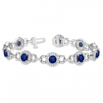 Luxury Halo Lab Blue Sapphire & Lab Diamond Link Bracelet 14k White Gold (8.00ct)