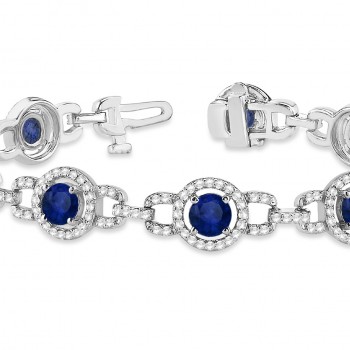 Luxury Halo Lab Blue Sapphire & Lab Diamond Link Bracelet 14k White Gold (8.00ct)