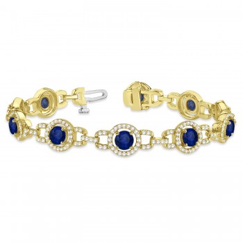 Luxury Halo Lab Blue Sapphire & Lab Diamond Link Bracelet 14k Yellow Gold (8.00ct)