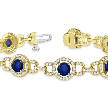 Luxury Halo Lab Blue Sapphire & Lab Diamond Link Bracelet 14k Yellow Gold (8.00ct)