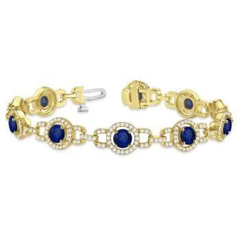 Luxury Halo Lab Blue Sapphire & Lab Diamond Link Bracelet 18k Yellow Gold (8.00ct)