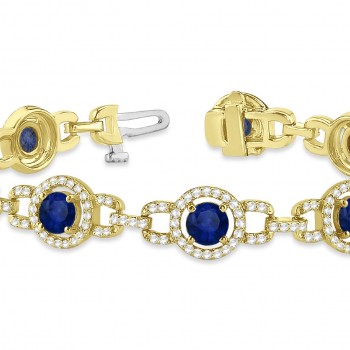 Luxury Halo Lab Blue Sapphire & Lab Diamond Link Bracelet 18k Yellow Gold (8.00ct)