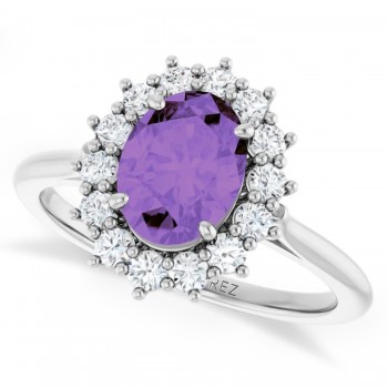 Oval Amethyst & Diamond Halo Ring 14K White Gold (1.56ct)