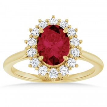 Oval Lab Grown Ruby & Diamond Halo Ring 14K Yellow Gold (2.16ct)