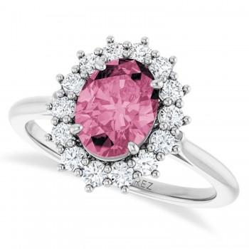 Oval Pink Tourmaline & Diamond Halo Ring 14K White Gold (1.72ct)
