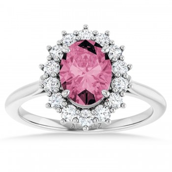 Oval Pink Tourmaline & Diamond Halo Ring 14K White Gold (1.72ct)