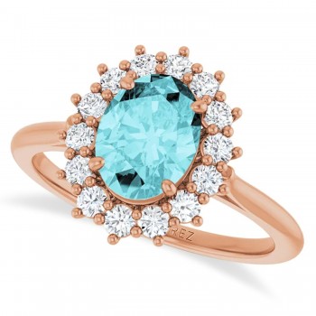 Oval Blue Zircon & Diamond Halo Ring 14K Rose Gold (2.60ct)