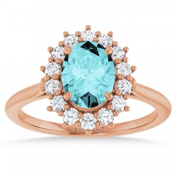 Oval Blue Zircon & Diamond Halo Ring 14K Rose Gold (2.60ct)