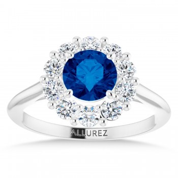 Round Lab Grown Blue Sapphire & Diamond Halo Ring 14K White Gold (1.71ct)