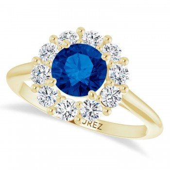 Round Lab Grown Blue Sapphire & Diamond Halo Ring 14K Yellow Gold (1.71ct)