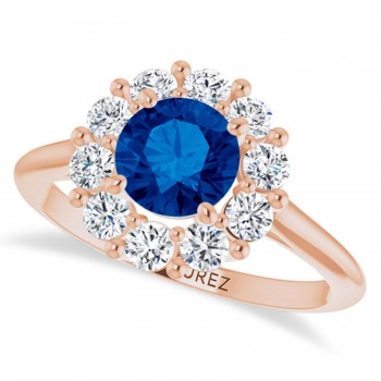 Round Lab Grown Blue Sapphire & Diamond Halo Ring 14K Rose Gold (1.71ct)