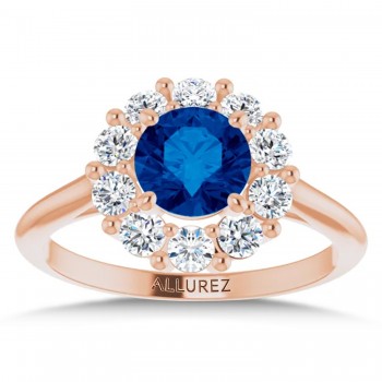 Round Lab Grown Blue Sapphire & Diamond Halo Ring 14K Rose Gold (1.71ct)