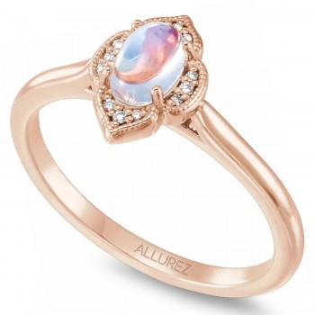 Natural Rainbow Moonstone & Diamond Clover Ring 14K Rose Gold (0.49ct)