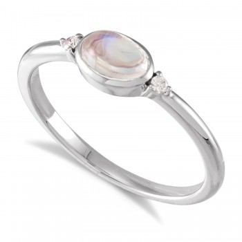 Oval Natural Cabochon Rainbow Moonstone & Diamond Ring 14K White Gold (0.65ct)