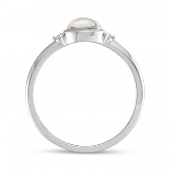 Oval Natural Cabochon Rainbow Moonstone & Diamond Ring 14K White Gold (0.65ct)