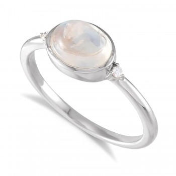 Oval Natural Cabochon Rainbow Moonstone & Diamond Ring 14K White Gold (1.53ct)