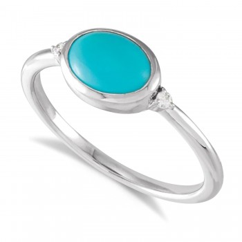 Oval Natural Cabochon Turquoise & Diamond Ring 14K White Gold (0.78ct)