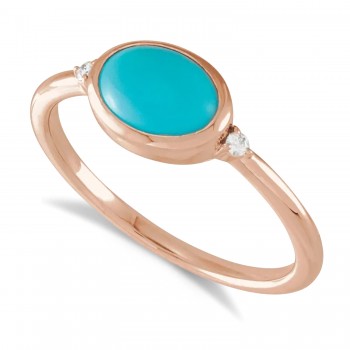 Oval Natural Cabochon Turquoise & Diamond Ring 14K Rose Gold (0.78ct)