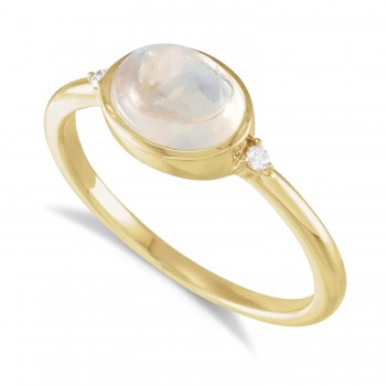 Oval Natural Cabochon Rainbow Moonstone & Diamond Ring 14K Yellow Gold (1.53ct)