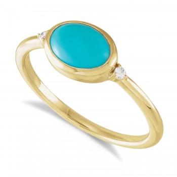 Oval Natural Cabochon Turquoise & Diamond Ring 14K Yellow Gold (0.78ct)