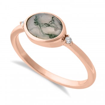 Oval Natural Cabochon Moss Agate & Diamond Ring 14K Rose Gold (0.93ct)