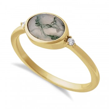Oval Natural Cabochon Moss Agate & Diamond Ring 14K Yellow Gold (0.93ct)