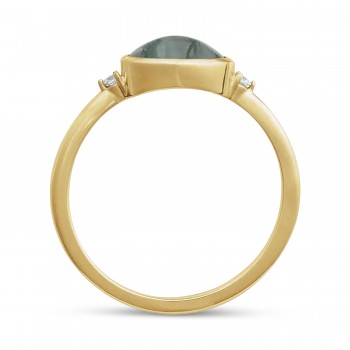 Oval Natural Cabochon Moss Agate & Diamond Ring 14K Yellow Gold (0.93ct)