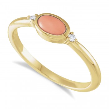 Oval Natural Cabochon Pink Coral & Diamond Ring 14K Yellow Gold (0.53ct)