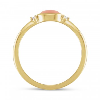 Oval Natural Cabochon Pink Coral & Diamond Ring 14K Yellow Gold (0.53ct)