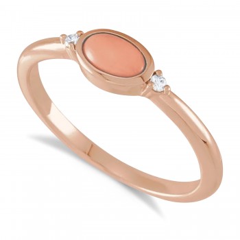 Oval Natural Cabochon Pink Coral & Diamond Ring 14K Rose Gold (0.53ct)