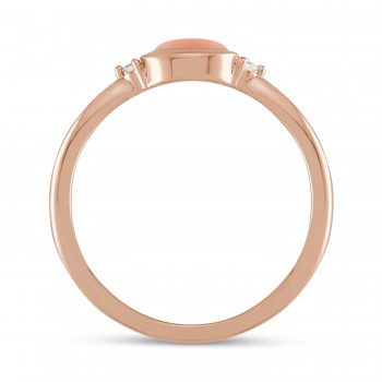 Oval Natural Cabochon Pink Coral & Diamond Ring 14K Rose Gold (0.53ct)