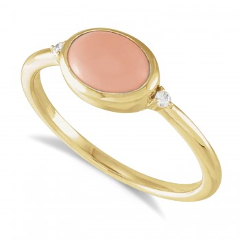 Oval Natural Cabochon Pink Coral & Diamond Ring 14K Yellow Gold (1.13ct)