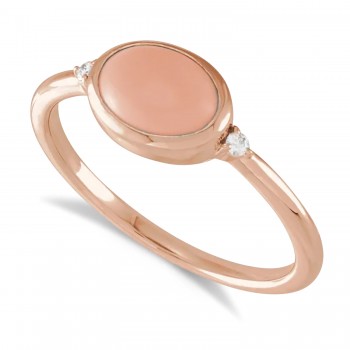 Oval Natural Cabochon Pink Coral & Diamond Ring 14K Rose Gold (1.13ct)