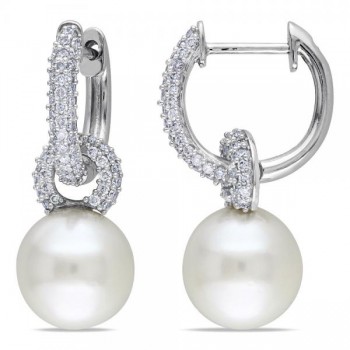 South Sea Pearl & Diamond Huggie Drop Earrings 14k. White Gold 9-9.5mm