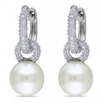 South Sea Pearl & Diamond Huggie Drop Earrings 14k. White Gold 9-9.5mm