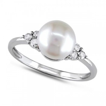 Freshwater Pearl Ring w/ Diamond Accents 14k W. Gold 7.5-8mm (0.12ct)