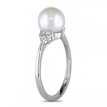 Freshwater Pearl Ring w/ Diamond Accents 14k W. Gold 7.5-8mm (0.12ct)