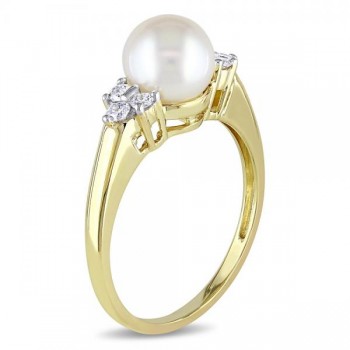 Akoya Pearl Ring w/ Diamond Accents 14k Yellow Gold 7-7.5mm