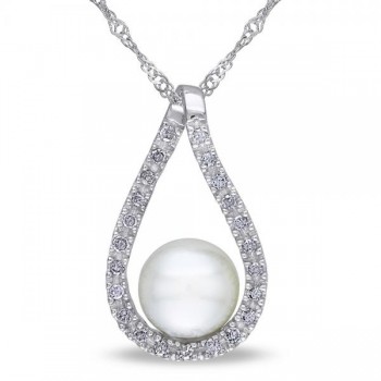 Tear Drop Diamond Pendant w/ Freshwater Pearl 14k White Gold 6.5-7mm