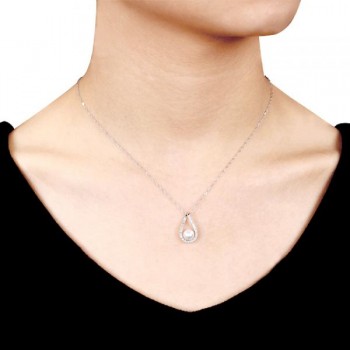 Tear Drop Diamond Pendant w/ Freshwater Pearl 14k White Gold 6.5-7mm