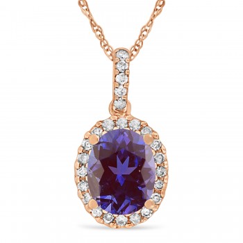 Lab Alexandrite & Halo Diamond Pendant Necklace in 14k Rose Gold 2.00ct