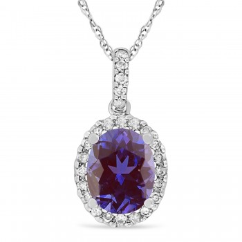 Lab Alexandrite & Halo Diamond Pendant Necklace in 14k White Gold 2.00ct