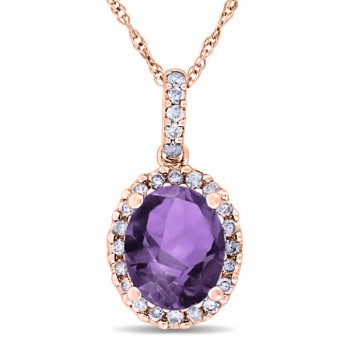Amethyst & Halo Diamond Pendant Necklace in 14k Rose Gold 2.00ct