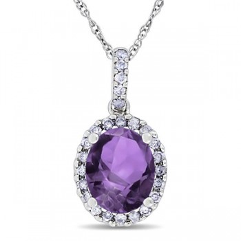 Amethyst & Halo Diamond Pendant Necklace in 14k White Gold 2.00ct