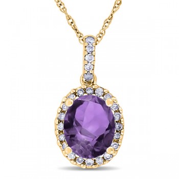 Amethyst & Halo Diamond Pendant Necklace in 14k Yellow Gold 2.00ct