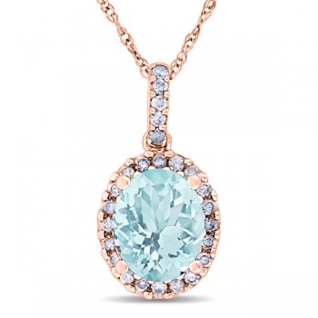 Aquamarine & Halo Diamond Pendant Necklace in 14k Rose Gold 2.00ct