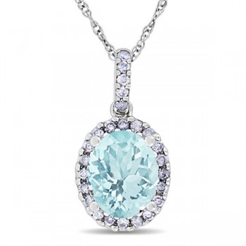 Aquamarine & Halo Diamond Pendant Necklace in 14k White Gold 2.00ct