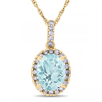 Aquamarine & Halo Diamond Pendant Necklace in 14k Yellow Gold 2.00ct