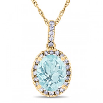 Aquamarine & Halo Diamond Pendant Necklace in 14k Yellow Gold 2.00ct
