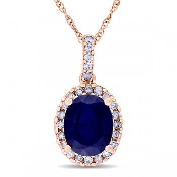 Lab Blue Sapphire & Halo Diamond Pendant Necklace 14k Rose Gold 2.90ct